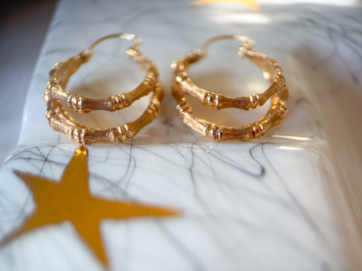 Vintage Three Hoop Bamboo Hoop 14k Yellow Gold Earrings