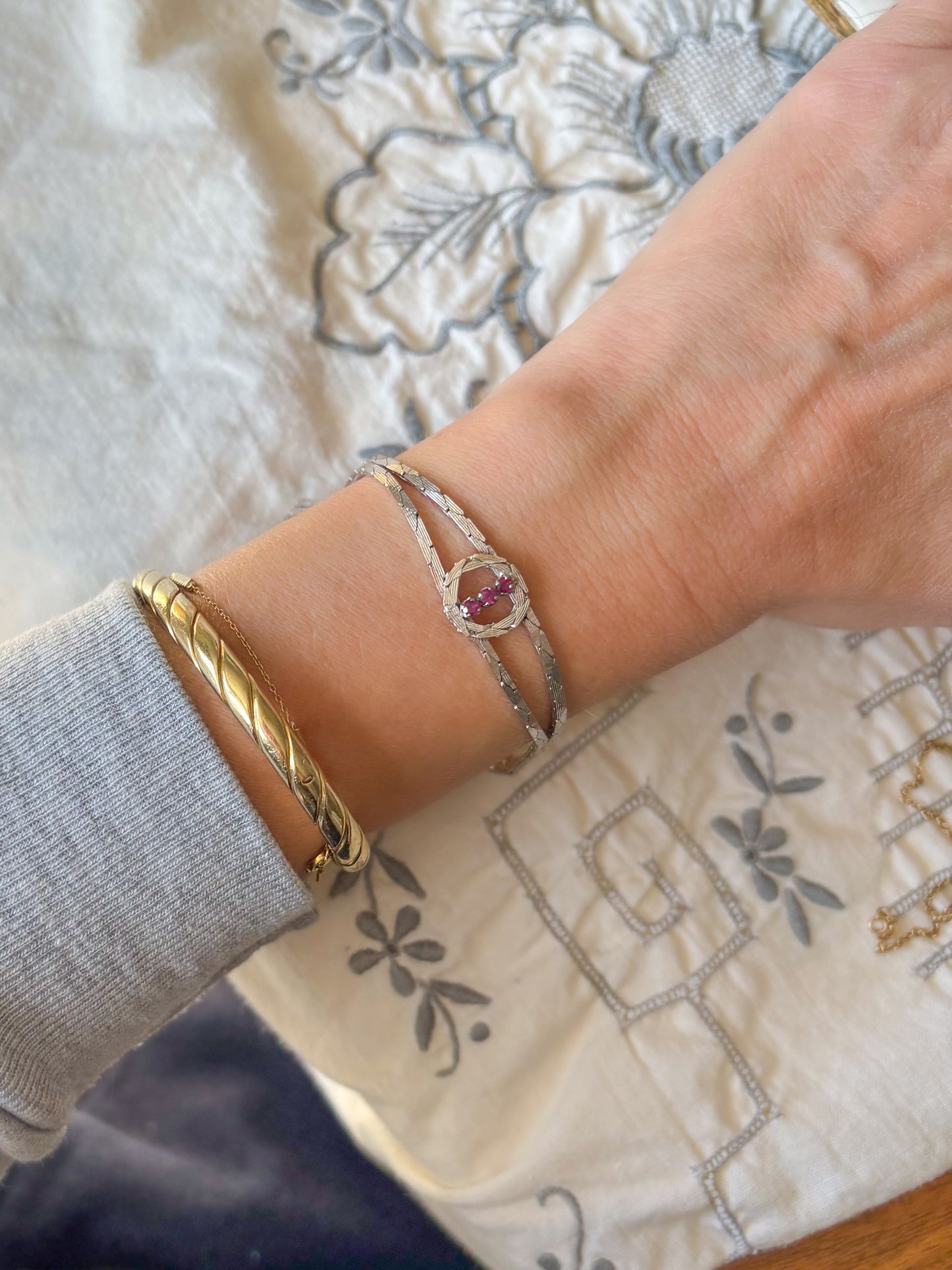 Vintage Natural Ruby 14k White Gold 7 Inch Cobra Chain Bracelet