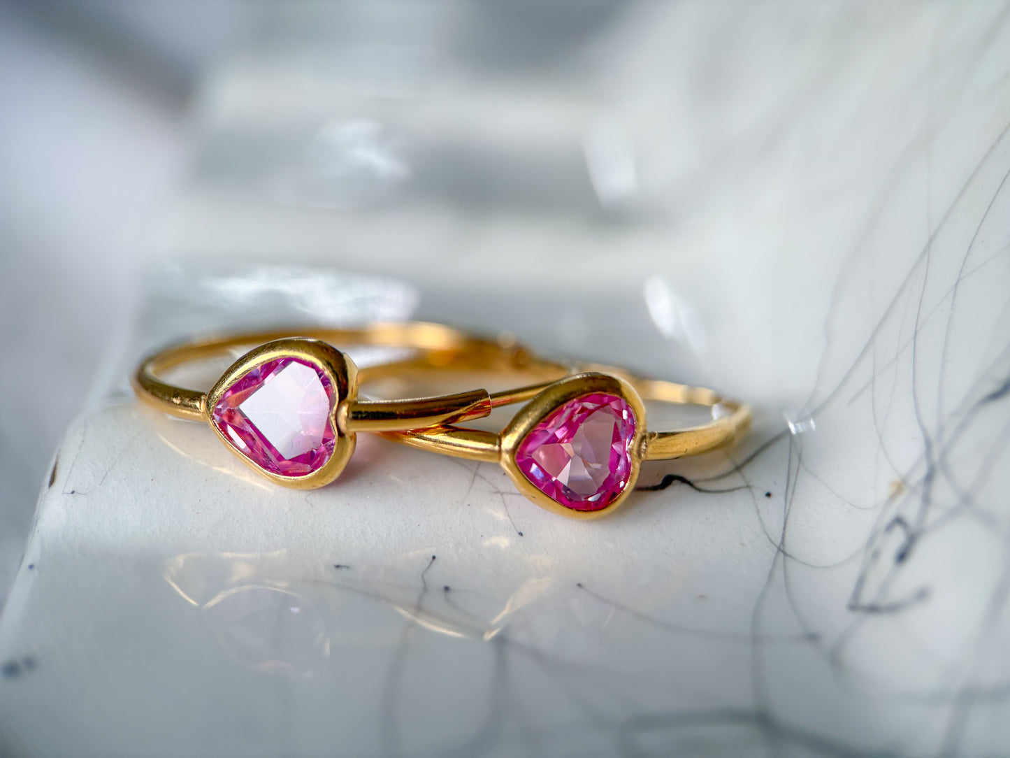 Vintage 18k Yellow Gold Thin Tube Hoops with Pink Heart Stones