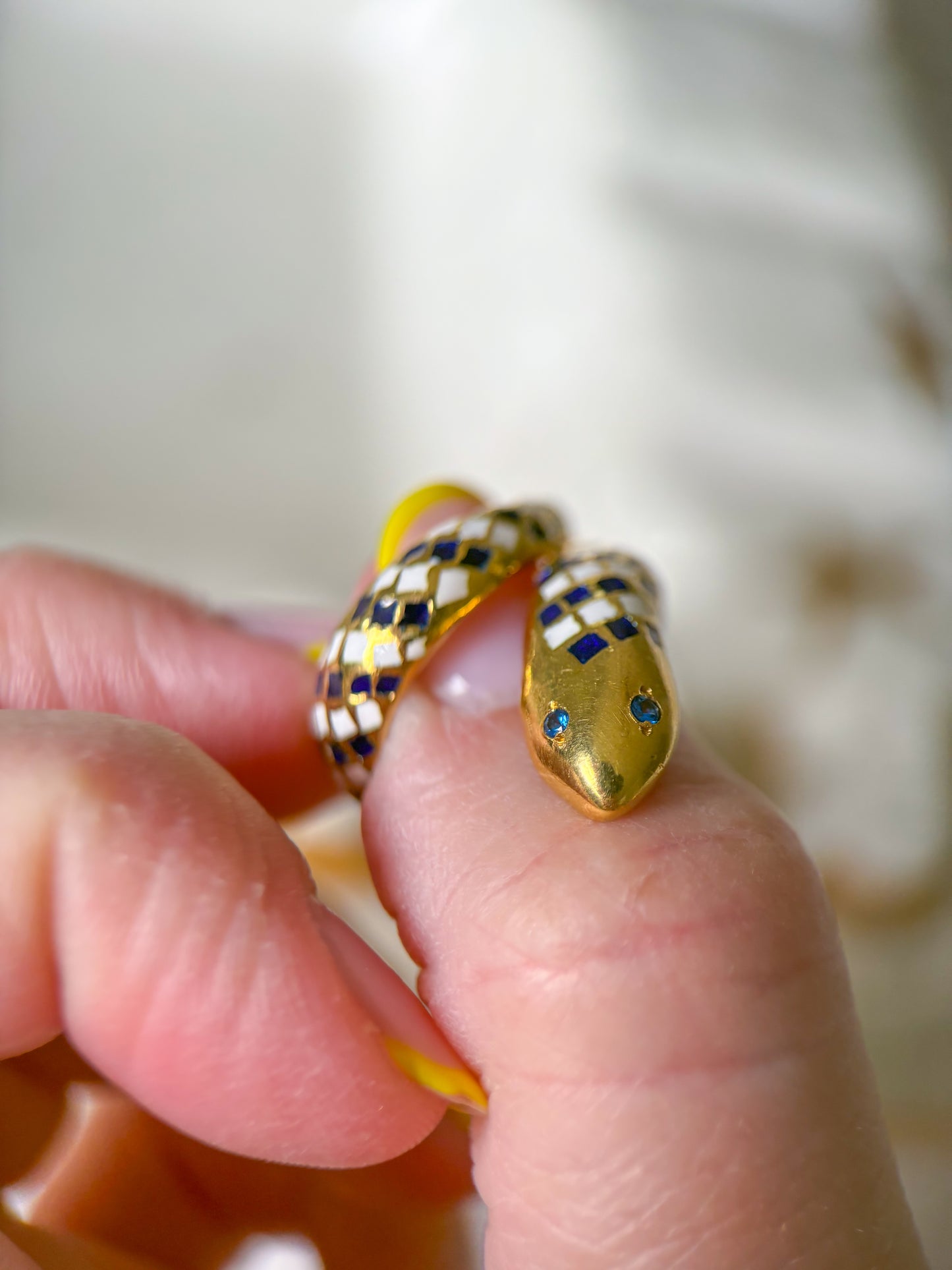 Vintage Enamel and Natural Sapphire 18k Yellow Gold Snake Ring, Size 3 1/4, circa 1960s