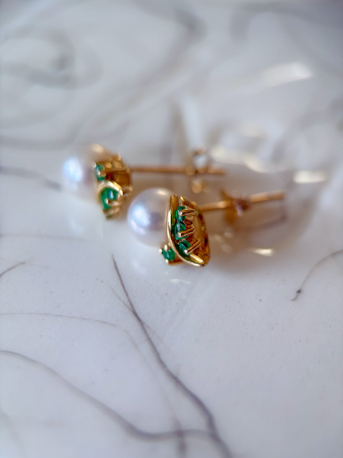 Vintage Pearl Stud with Natural Emeralds 14k Yellow Gold Earrings