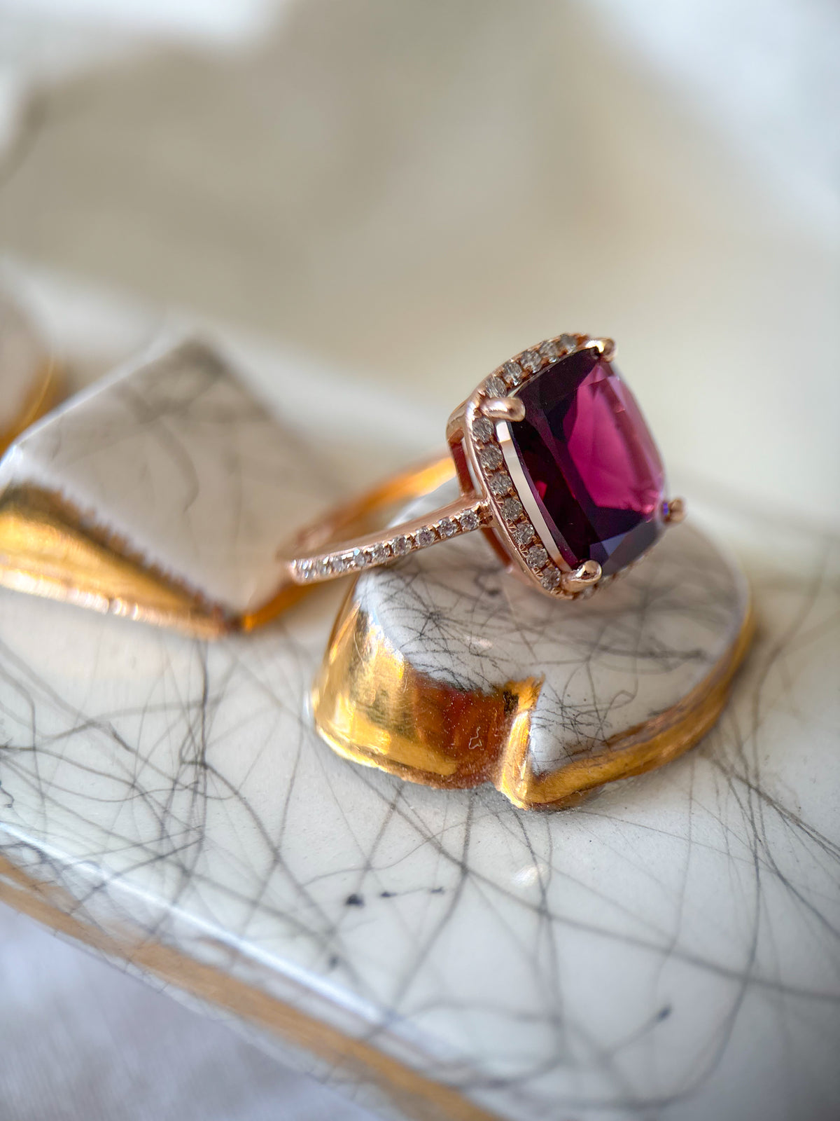 Vintage 14k Rose Gold Natural Rhodolite and Diamond Ring