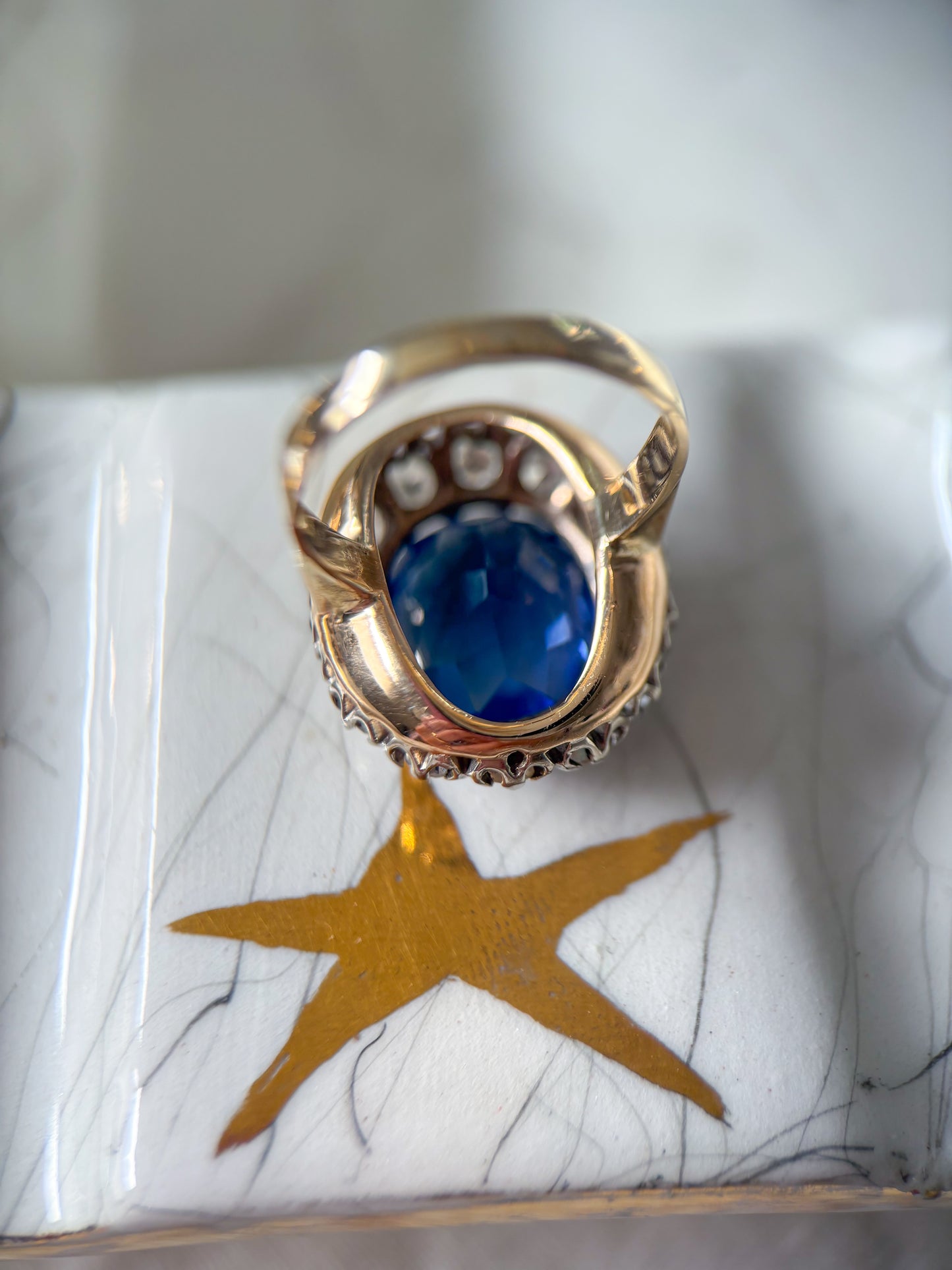 Vintage Natural Diamond and Blue Stone 10k White Gold Statement Ring