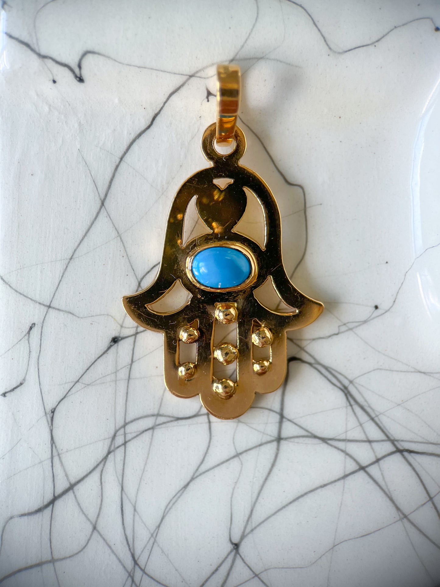 Vintage Hamsa with Turquoise 18k Yellow Gold Charm