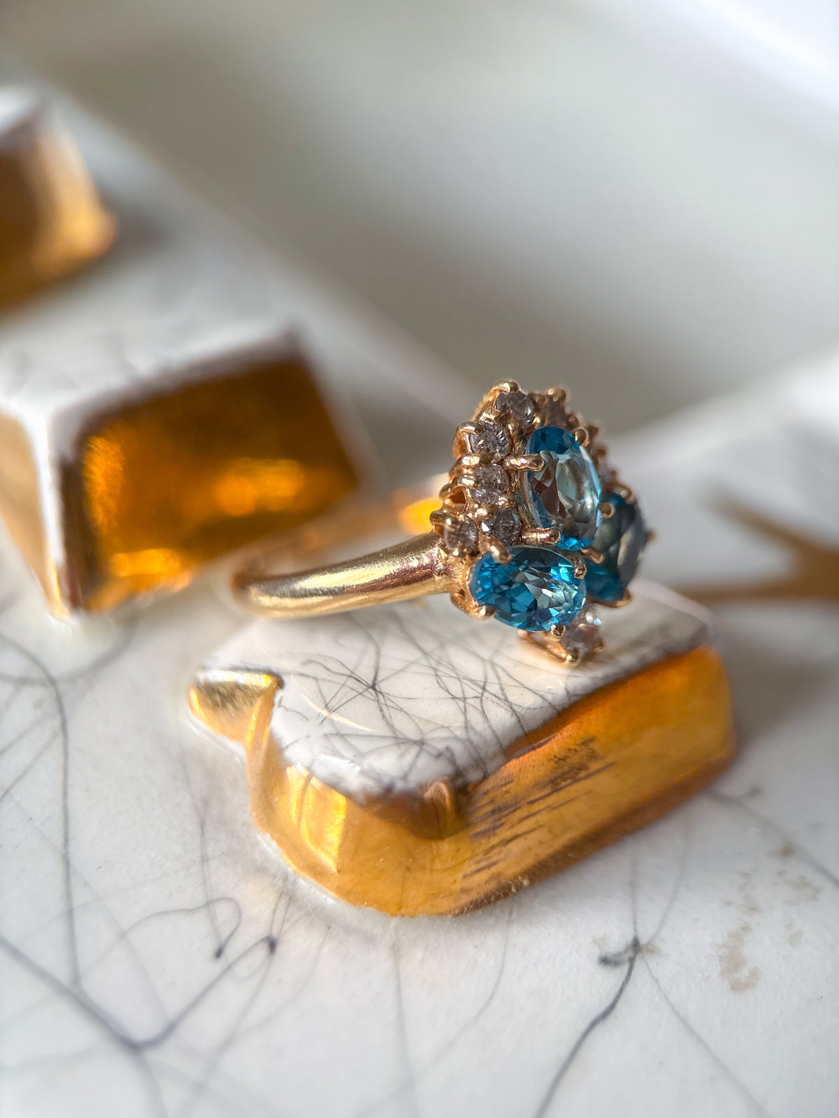 Vintage Natural Blue Topaz and Natural Diamond 14k Yellow Gold Ring