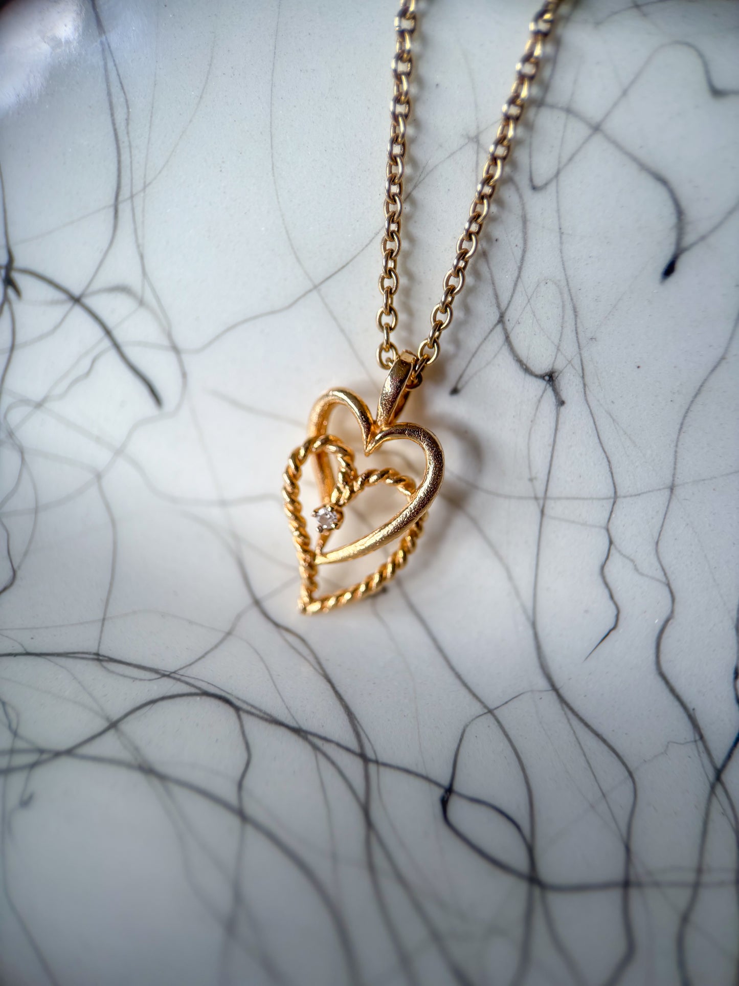 Vintage Intertwined Hearts with Natural Diamond 14k Yellow Gold Charm