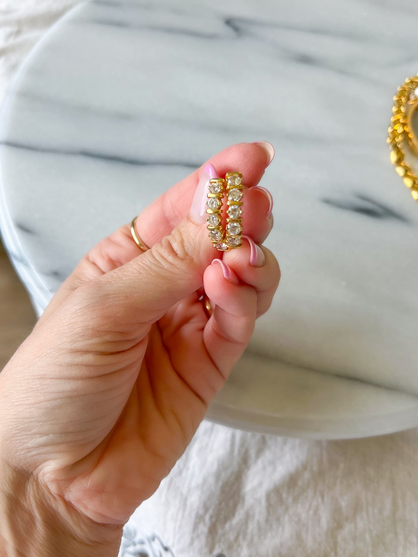 Vintage 14k Yellow Gold Half Hoops with CZ Earrings