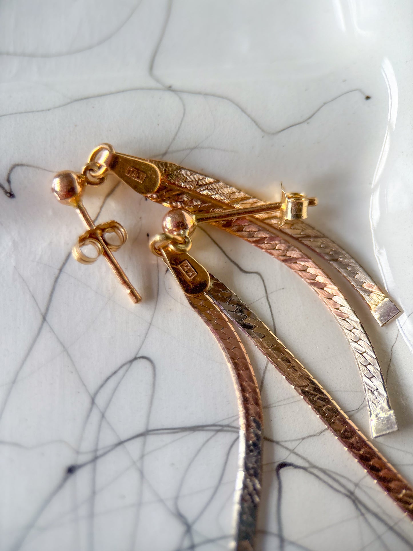 Vintage Dangle 14k White, Rose, Yellow Tri Colored Gold Earrings