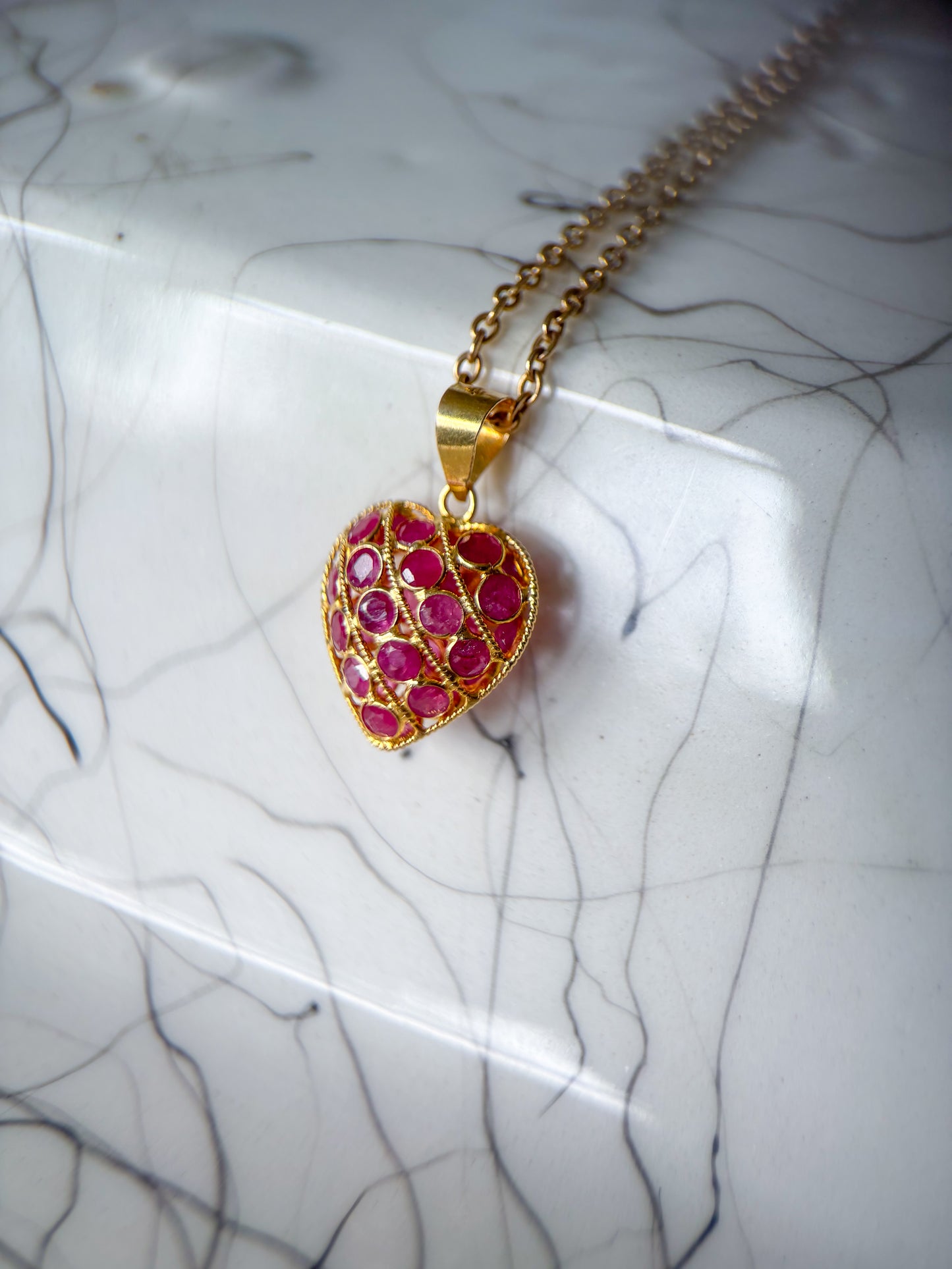 Vintage Natural Ruby Puffy Heart 18k Yellow Gold Charm, Circa 1990's