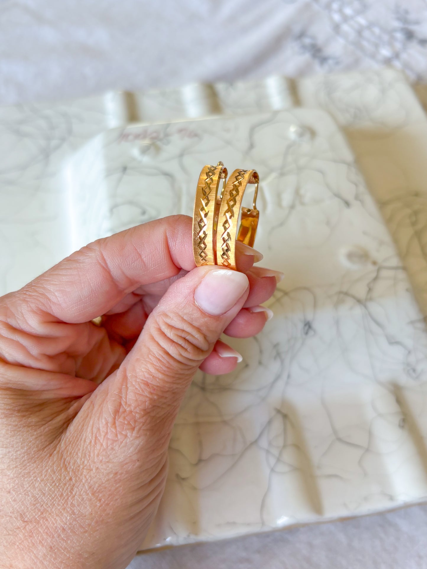 Vintage 18k Yellow Gold Thick Etched Hoops