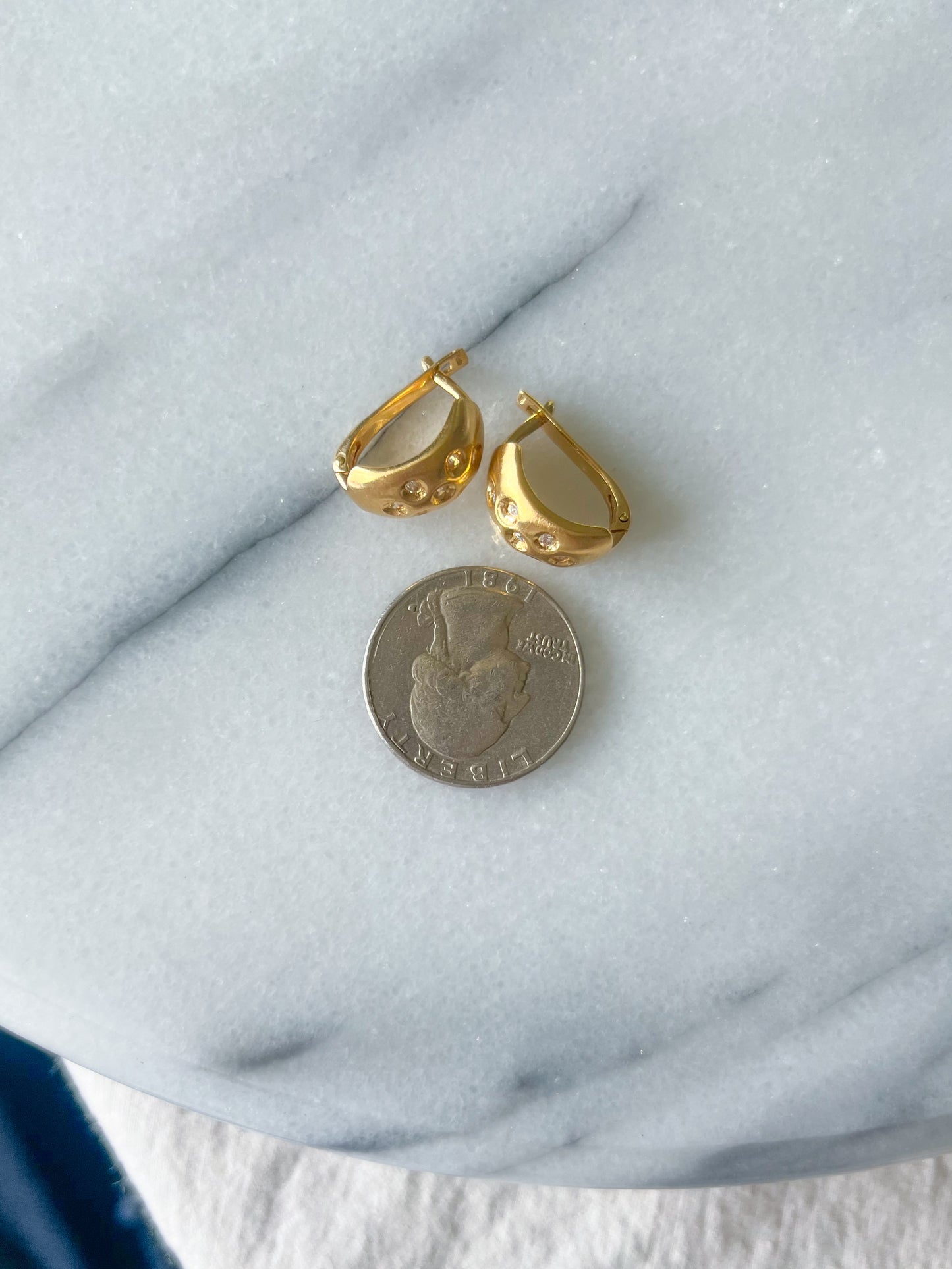 Vintage 14k Yellow Gold Matte Half Hoops with CZ Earrings