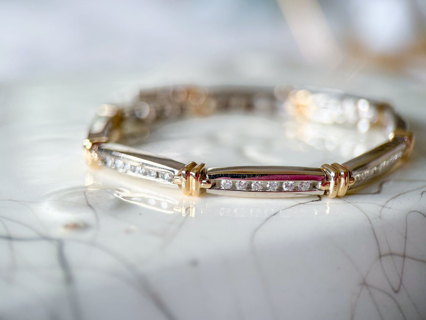 Vintage Natural Diamond Two Toned 14k White and Yellow Gold 7 Inch Bracelet