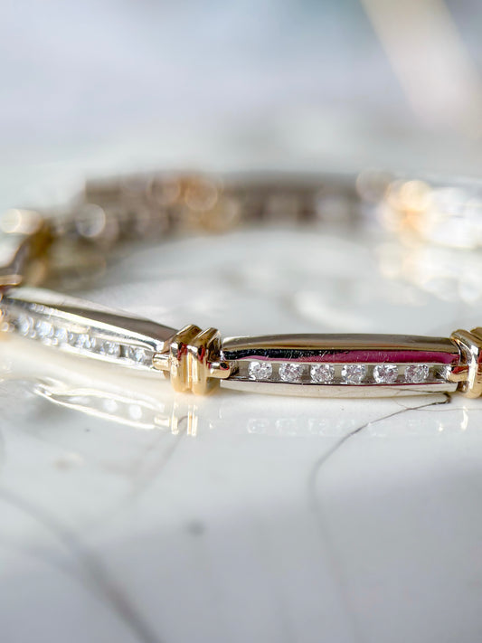 Vintage Natural Diamond Two Toned 14k White and Yellow Gold 7 Inch Bracelet