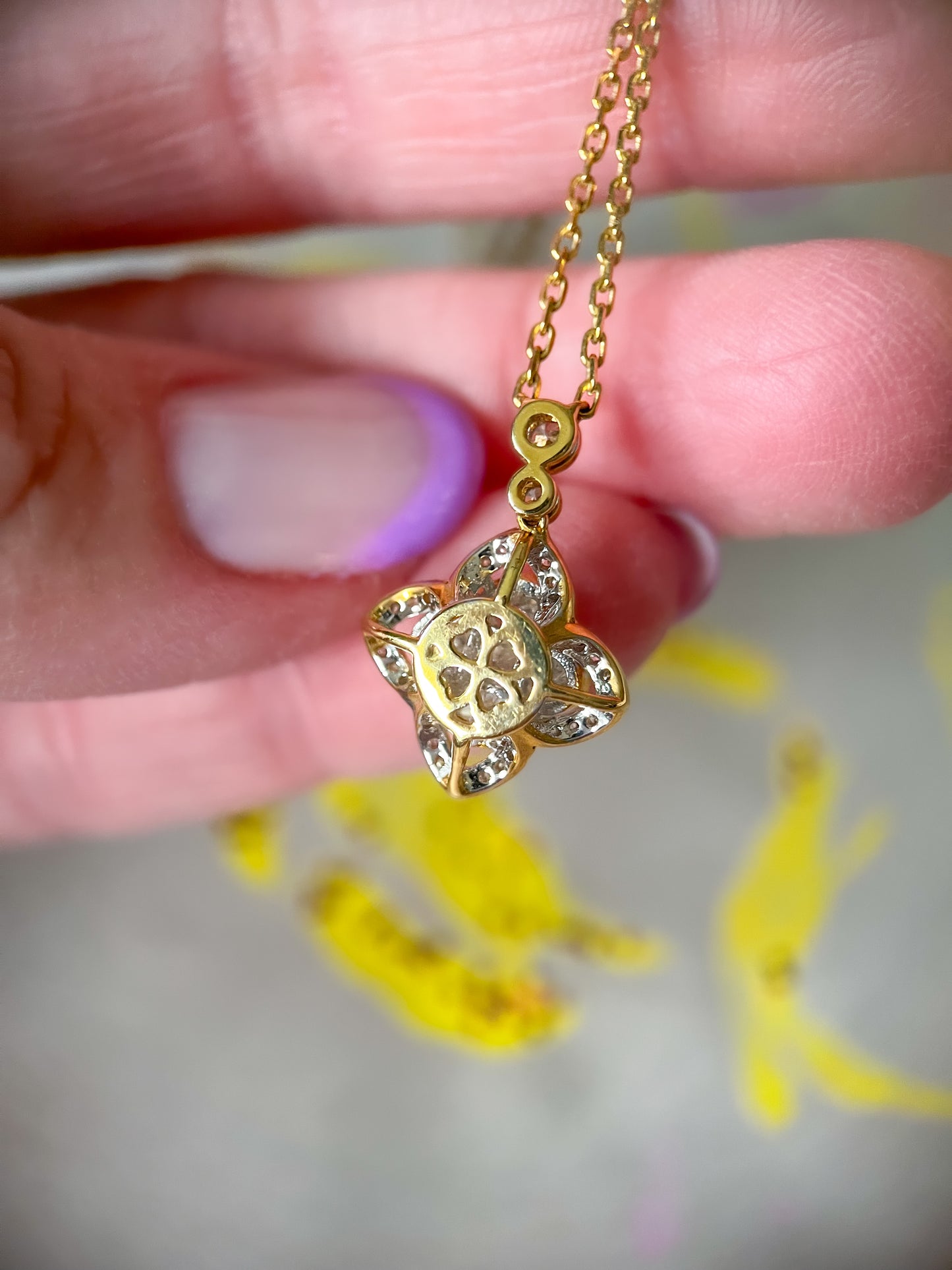 Natural Diamond Clover 18k Yellow Gold Charm with Chain