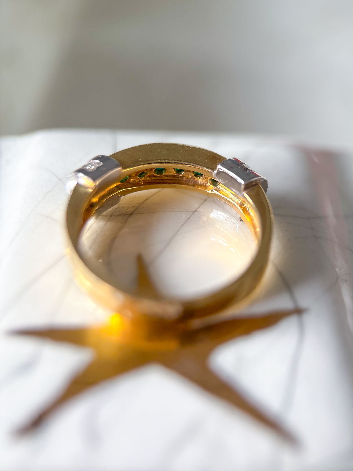 Vintage Natural Emerald and Natural Diamond Two Toned 14k Yellow and White Gold Band
