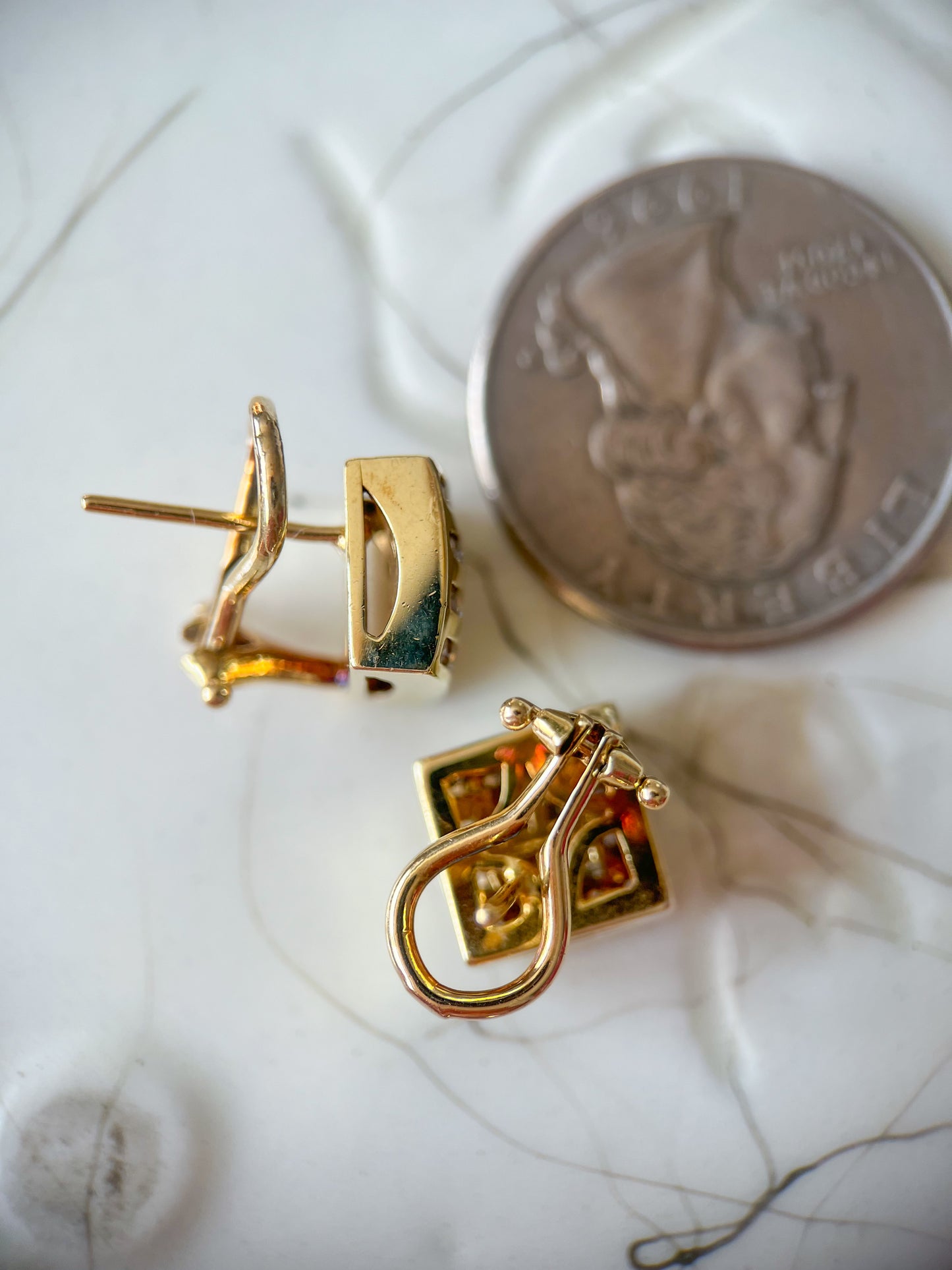 Vintage Square Natural Diamond 14k Yellow Gold Stud Earrings