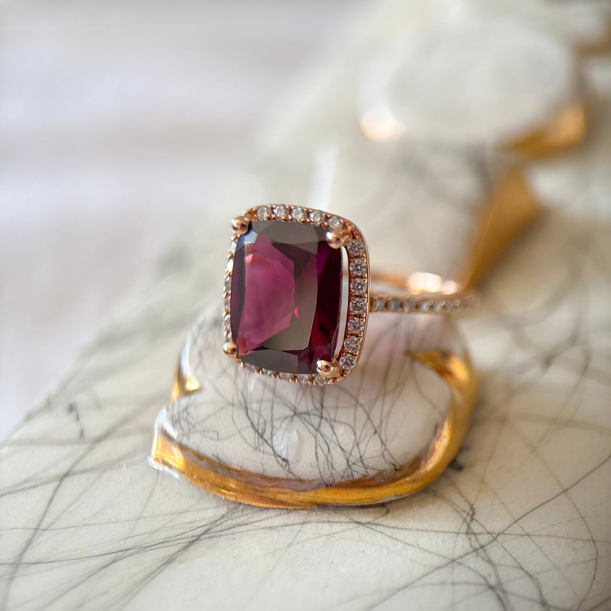 Vintage 14k Rose Gold Natural Rhodolite and Diamond Ring