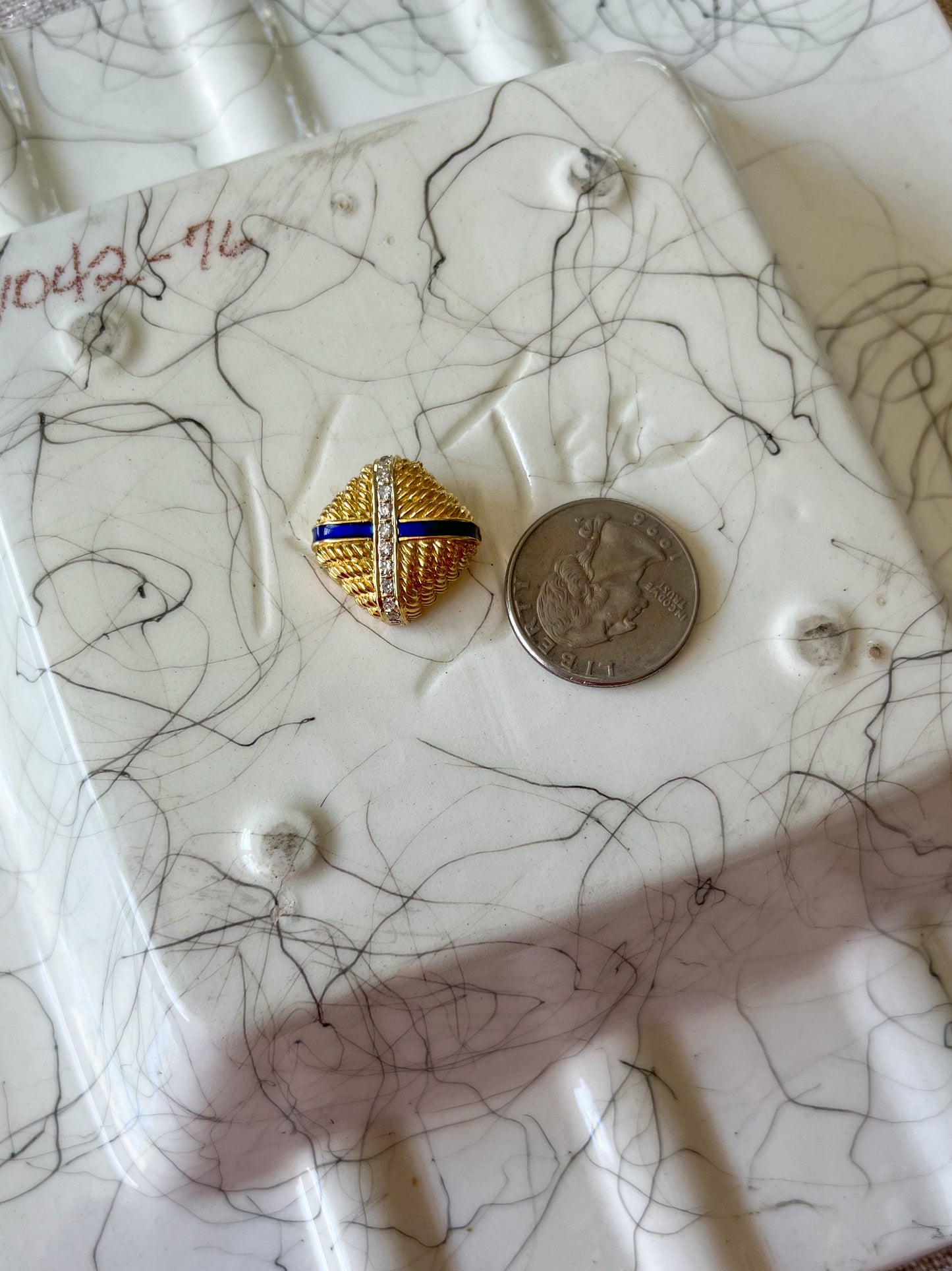 Vintage Blue Enamel and Natural Diamond Square 14k Yellow Gold Slider, circa 1960s