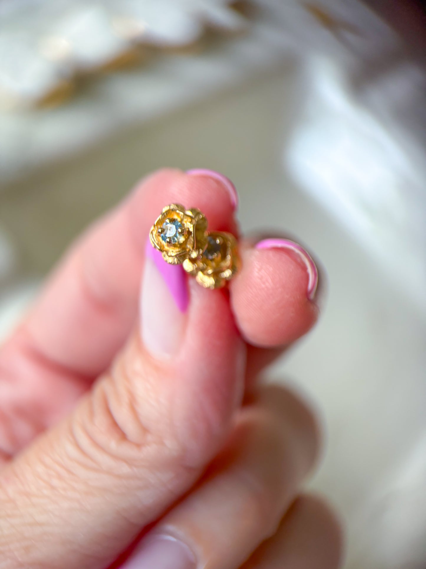 Vintage Rose Studs with Natural Aquamarine 14k Yellow Gold Earrings
