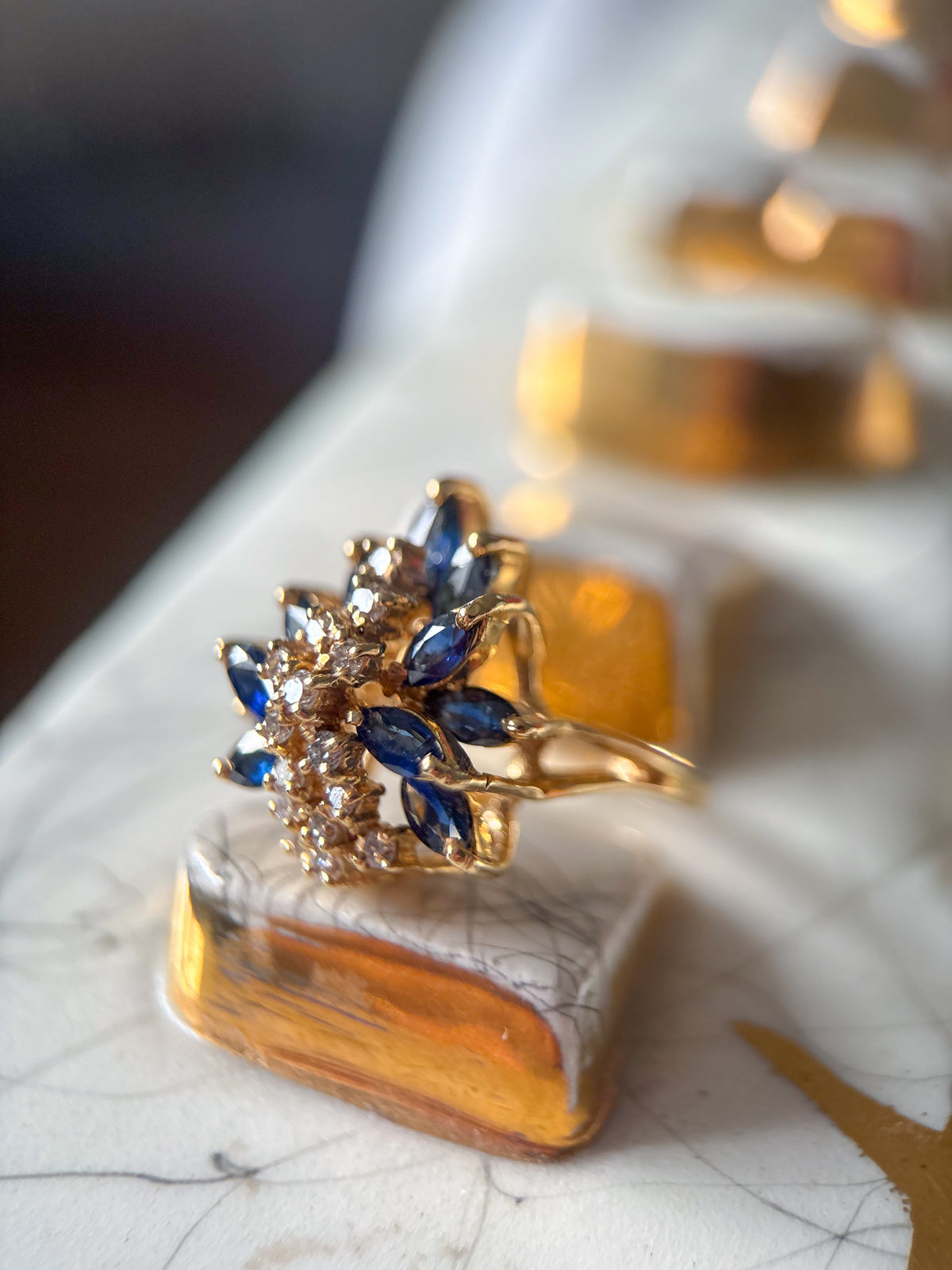 Vintage Natural Sapphire and Diamond Cluster 14k Yellow Gold Ring
