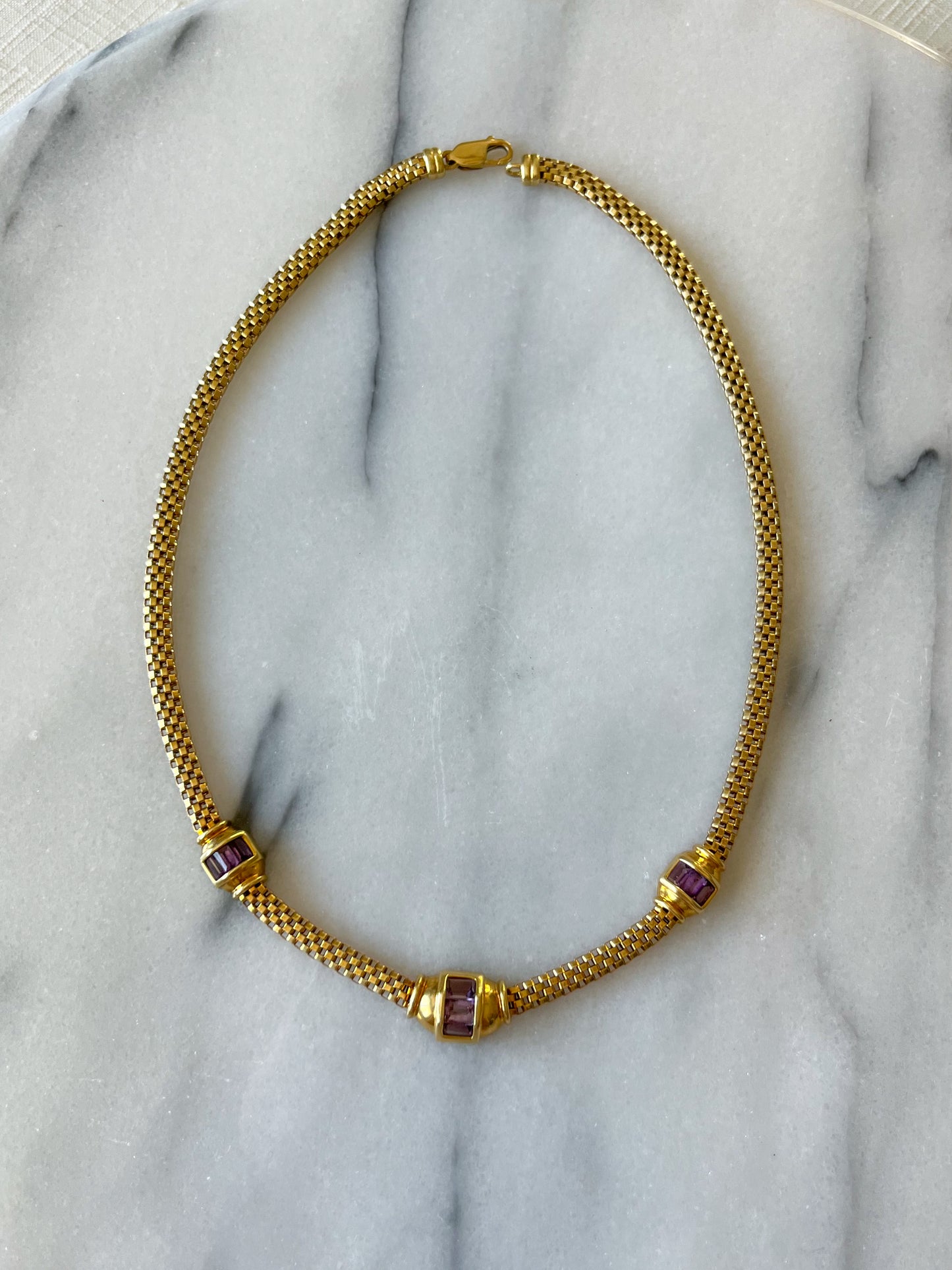 Vintage Panther Chain with Natural Amethyst Accents 14k Yellow Gold 17 Inch Necklace