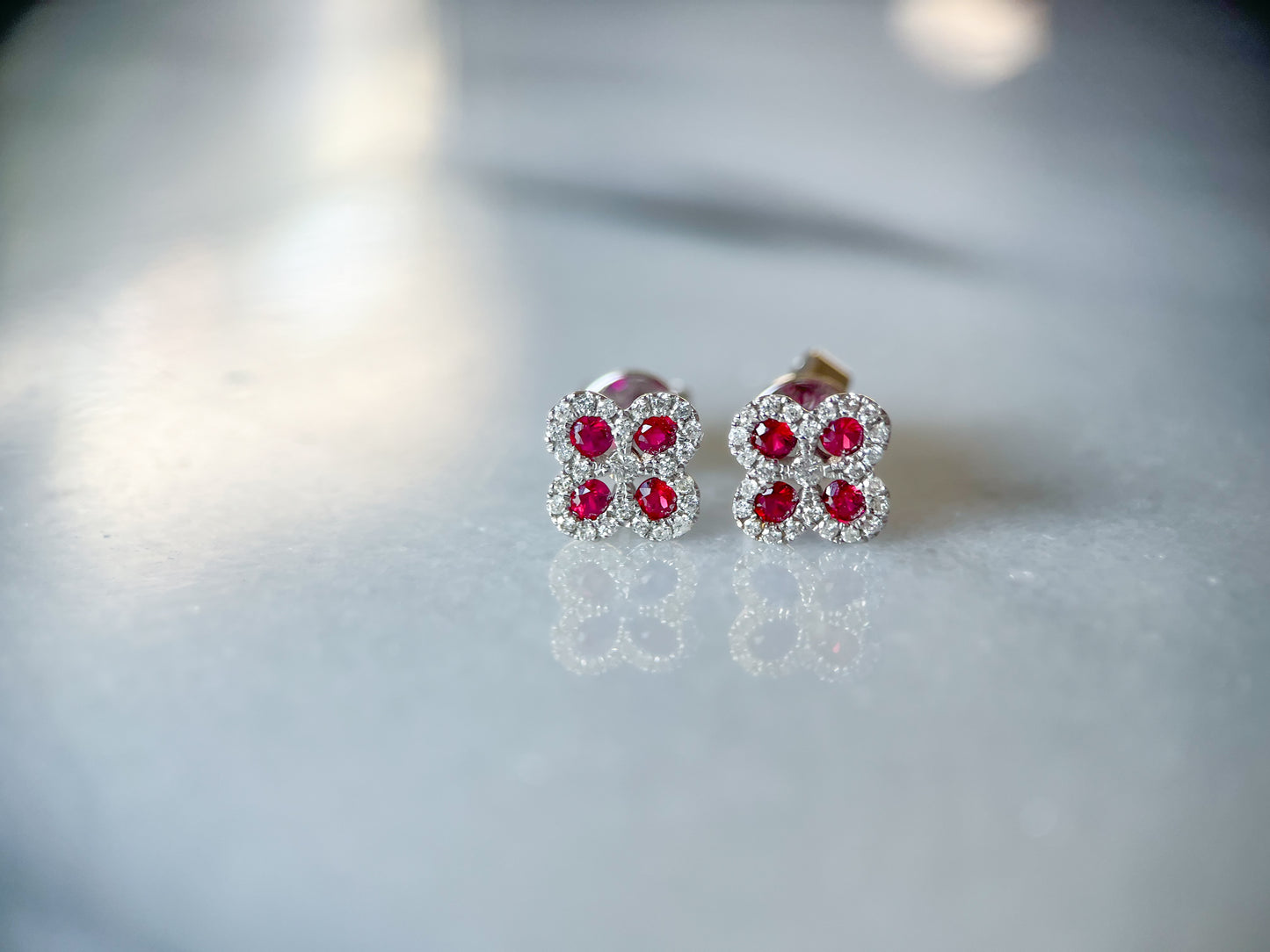 Natural Ruby, Sapphire, Emerald and Diamond 14k White Gold Flower Stud Earrings