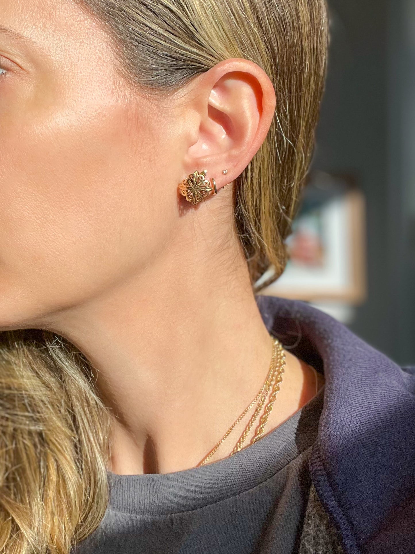 Vintage Square Floral 14k Yellow Gold Stud Earrings