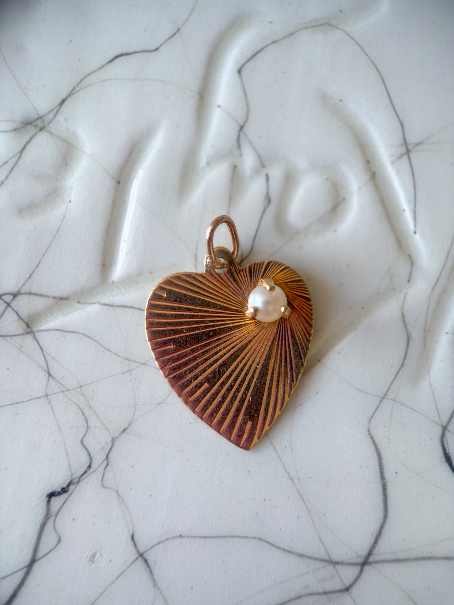 Vintage Engine Turned Heart 14k Yellow Gold Charm with Pearl