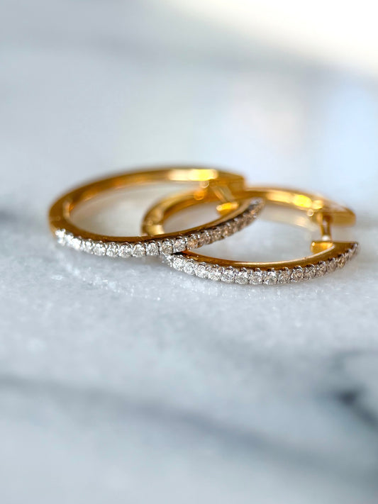 Thin Natural Diamond Huggies 14k Yellow Gold Hoop Earrings