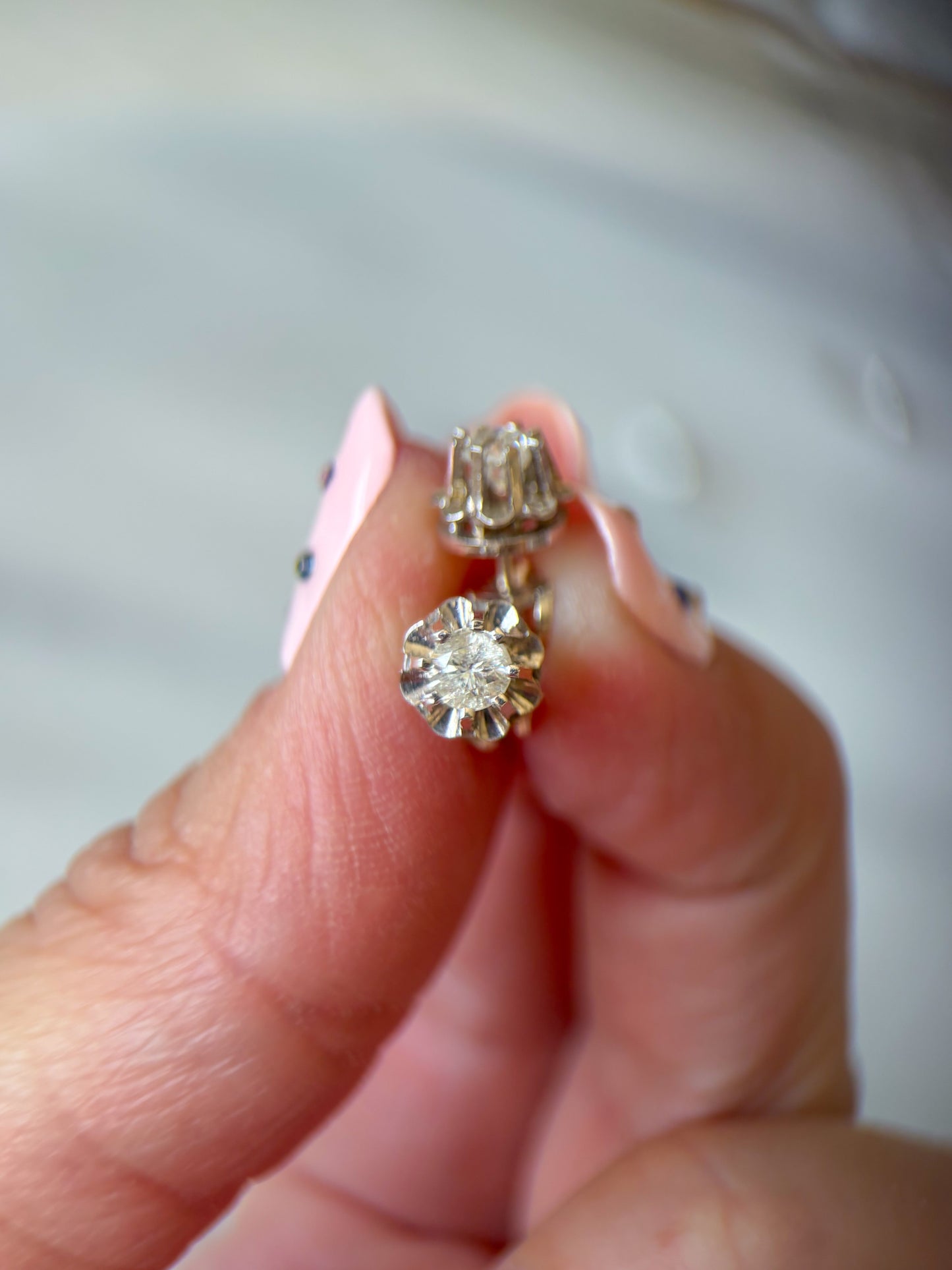 Vintage Natural Diamond Flower 14k White Gold Stud Earrings