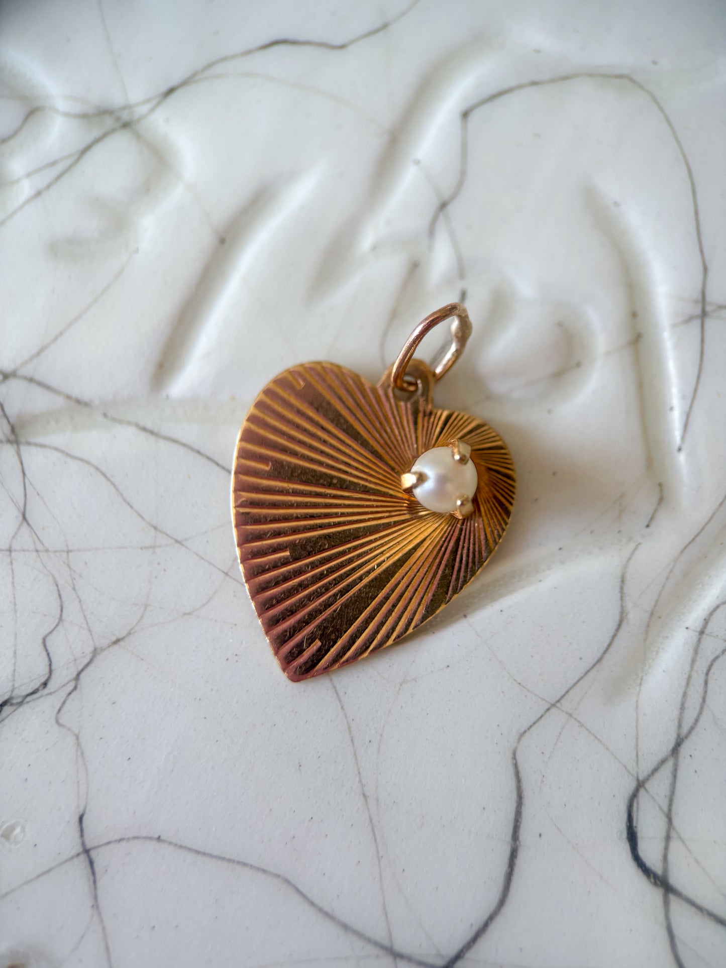 Vintage Engine Turned Heart 14k Yellow Gold Charm with Pearl