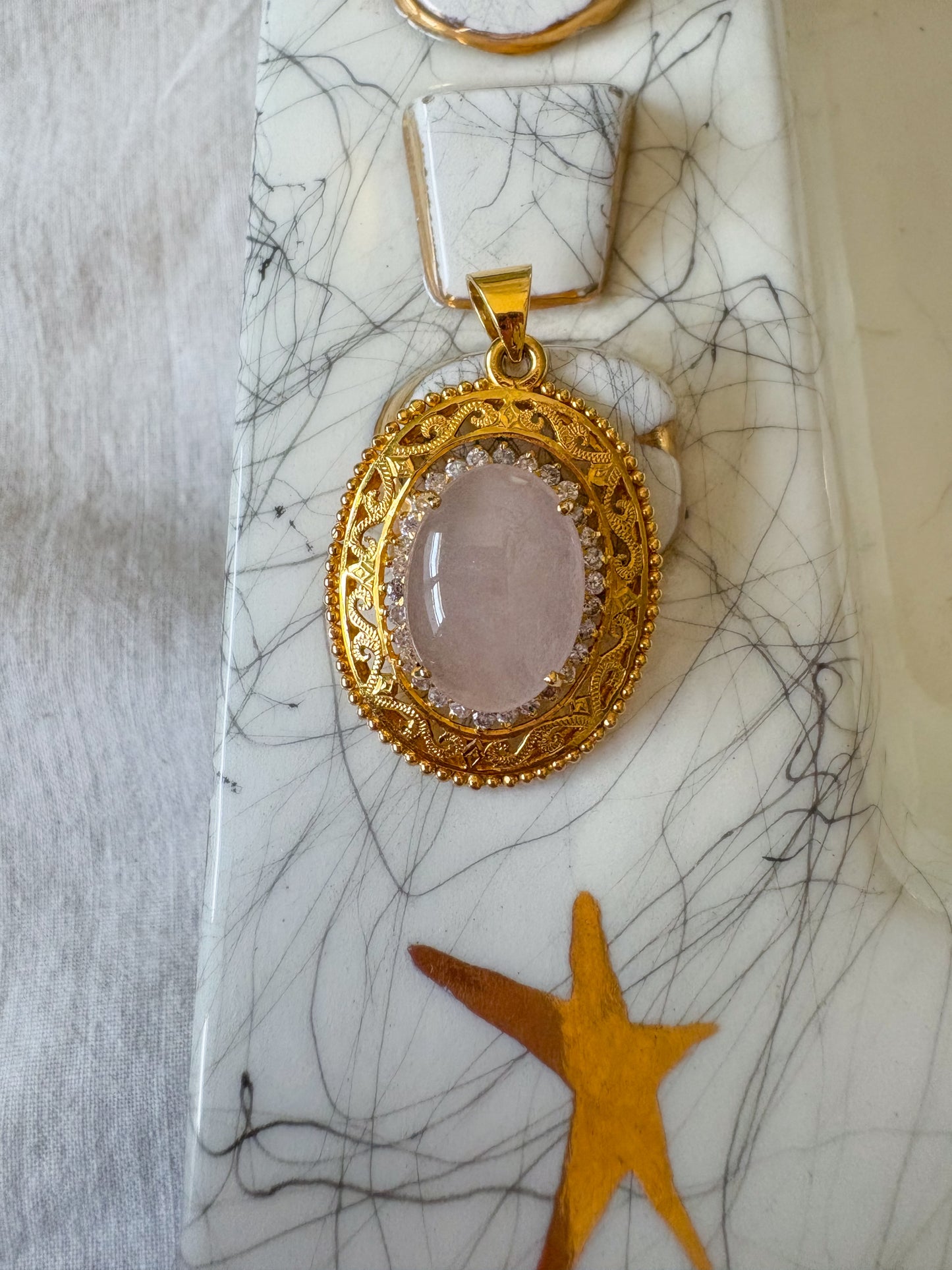 Vintage Large White Jade and Natural Diamond 18k Yellow Gold Charm Pendant