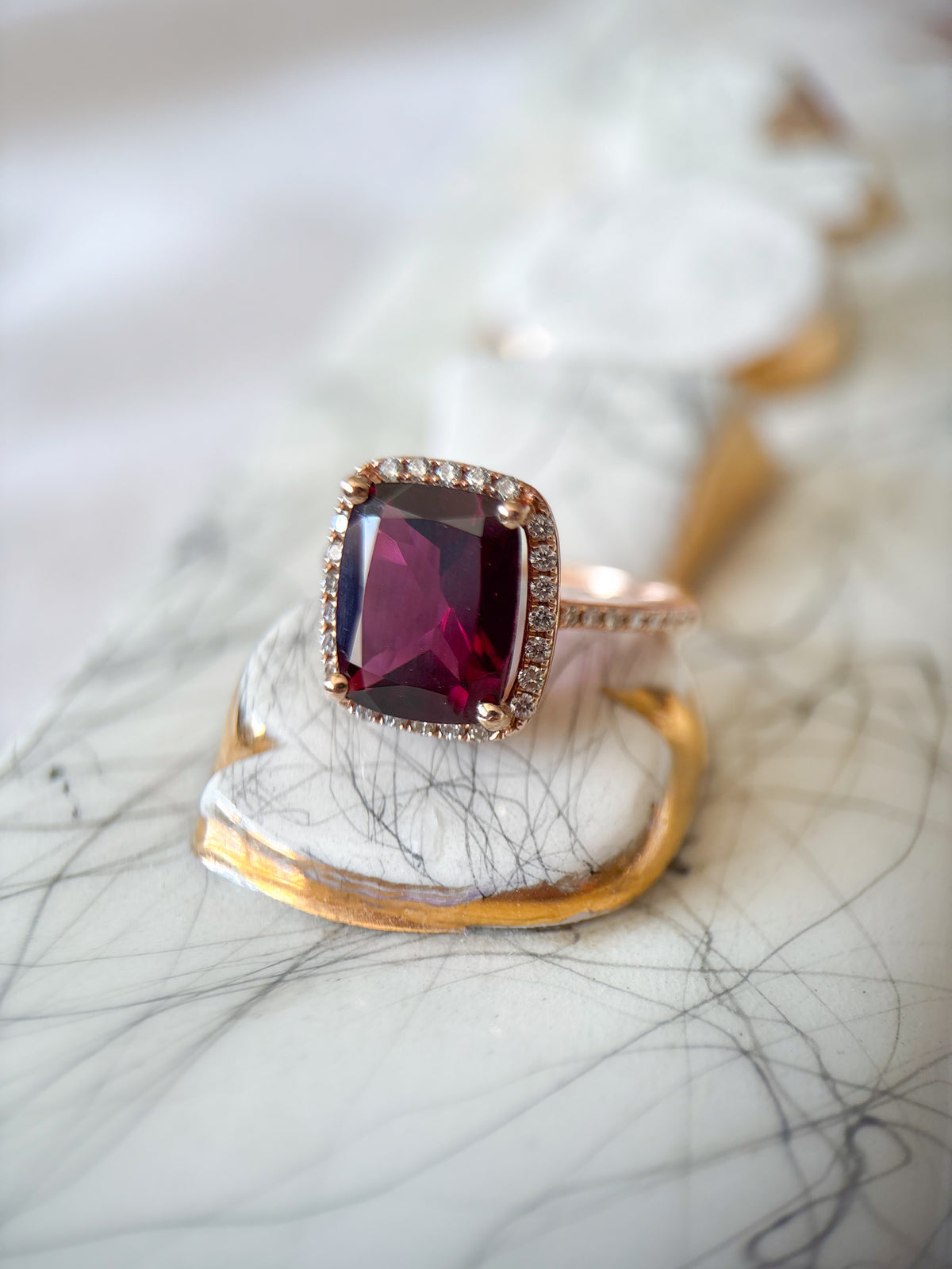 Vintage 14k Rose Gold Natural Rhodolite and Diamond Ring