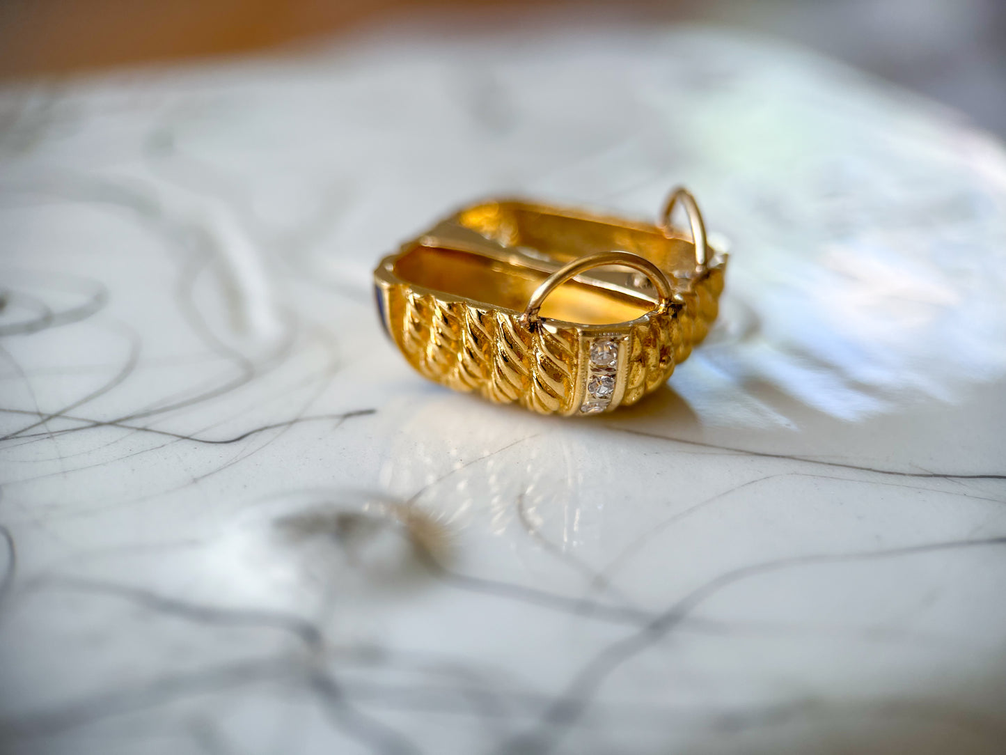 Vintage Blue Enamel and Natural Diamond Square 14k Yellow Gold Slider, circa 1960s