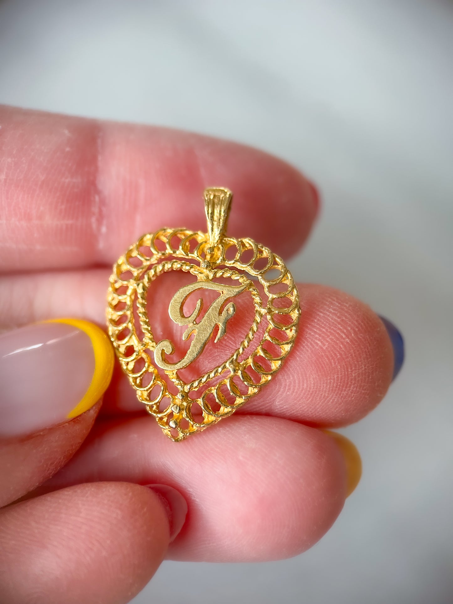 Vintage Script "F" Heart Charm 14k Yellow Gold Charm