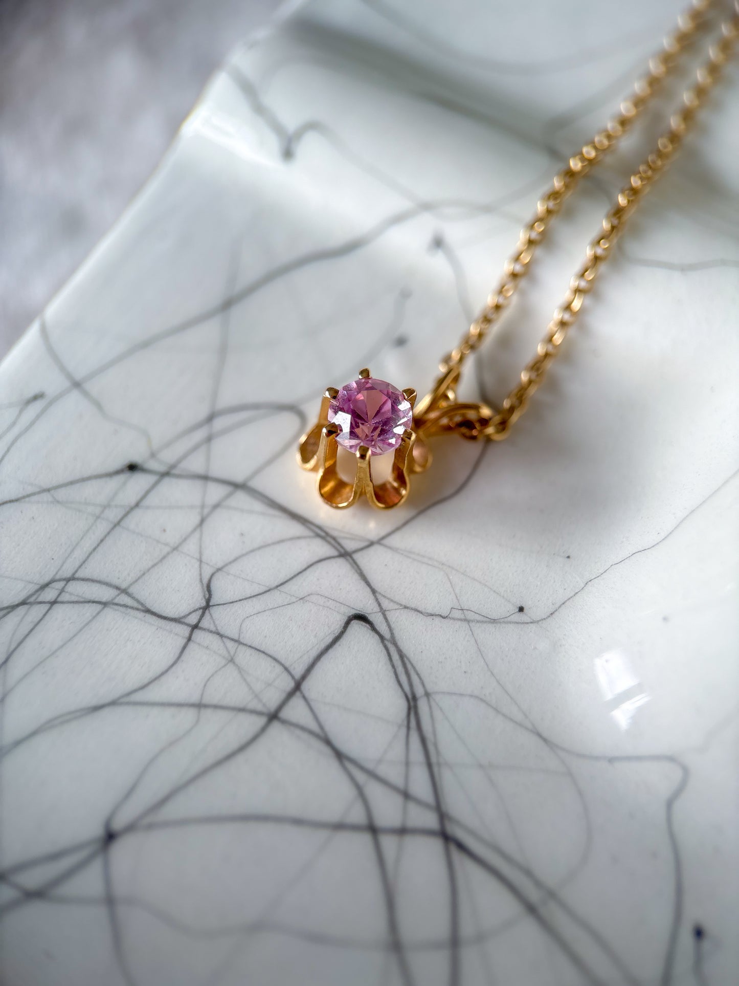 Vintage Pink Stone Flower 14k Yellow Gold Charm