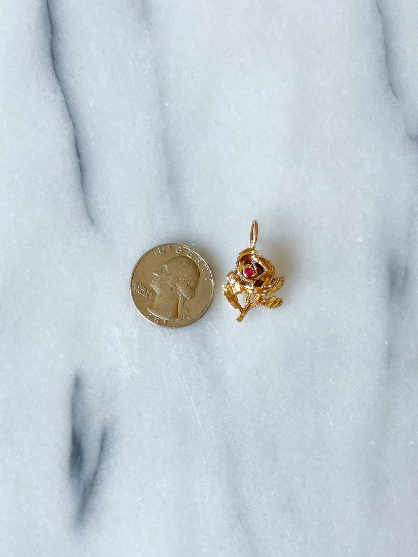 Vintage Rose With Natural Ruby 14k Yellow Gold Charm