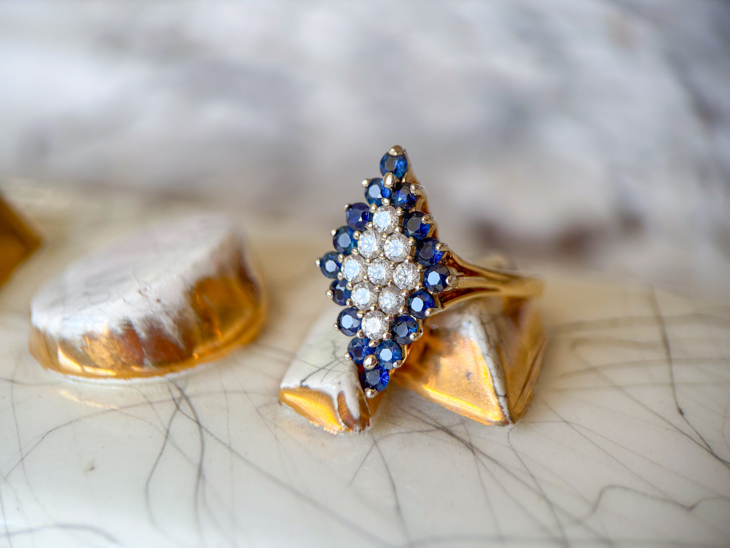 Vintage 14k Yellow Gold Ring with Blue and White CZs
