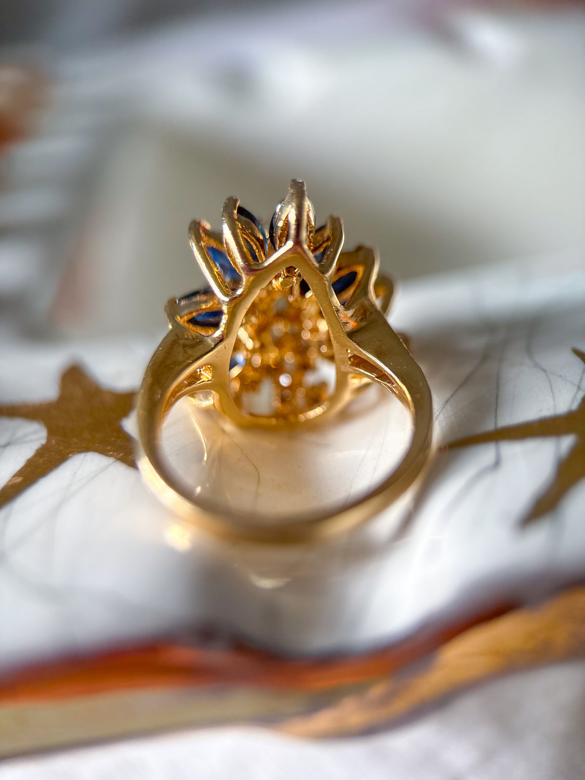 Vintage Natural Sapphire and Diamond Cluster 14k Yellow Gold Ring