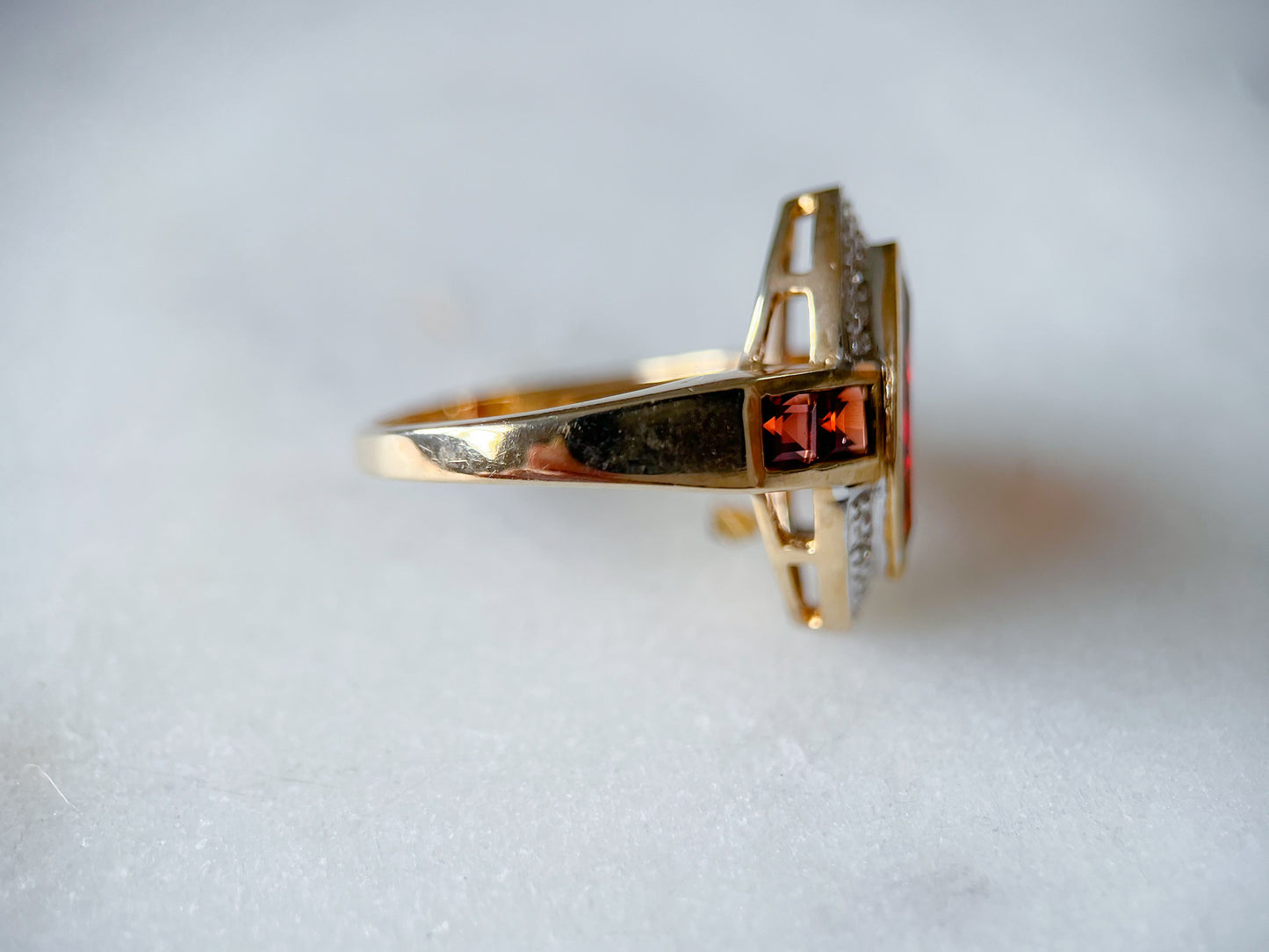 Vintage Natural Marquise Garnet and Diamond 10k Yellow Gold Ring