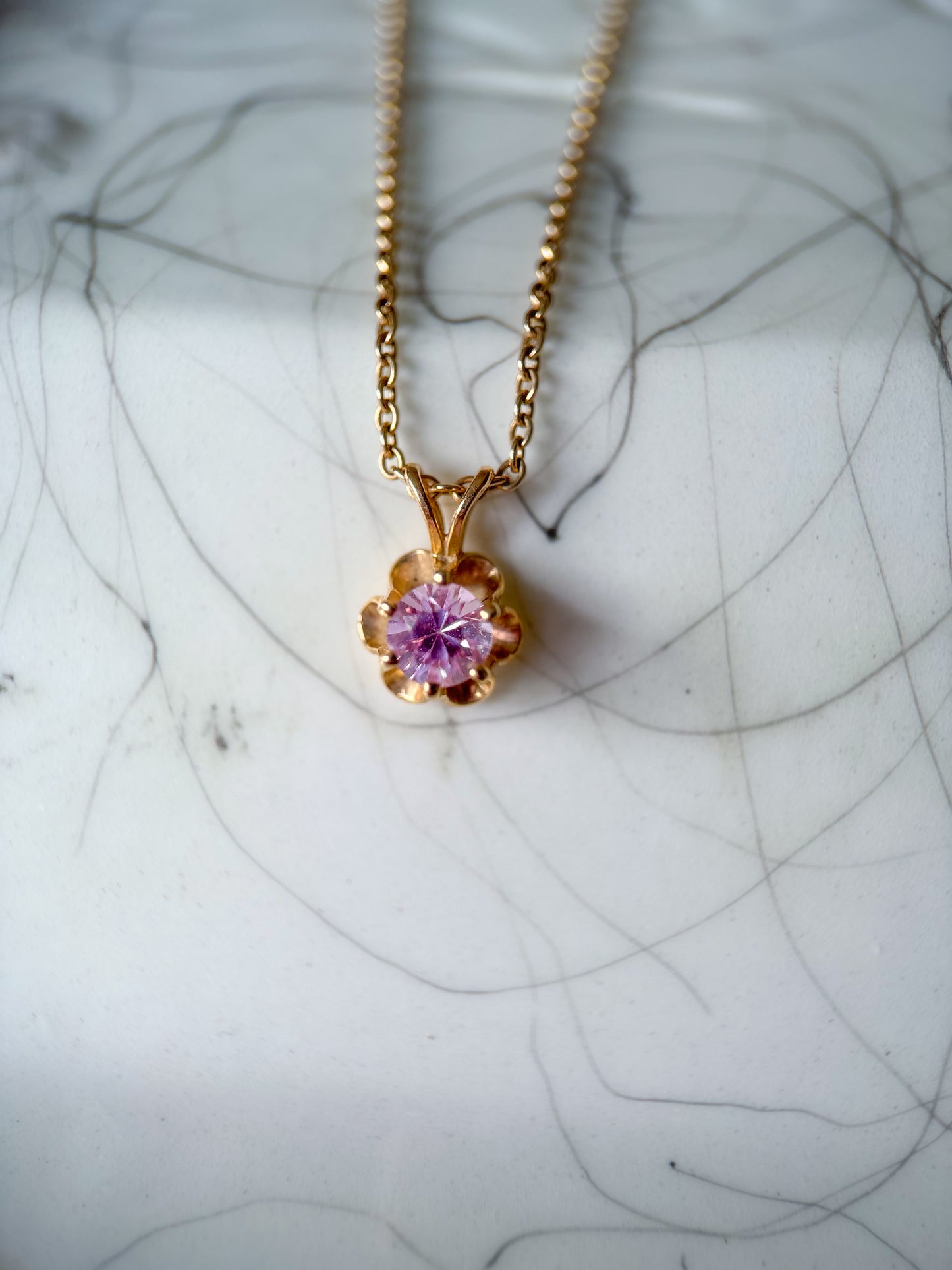 Vintage Pink Stone Flower 14k Yellow Gold Charm