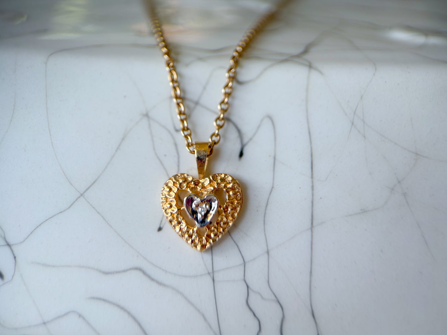 Vintage Nugget Heart with Natural Diamond 14k Yellow Gold Charm