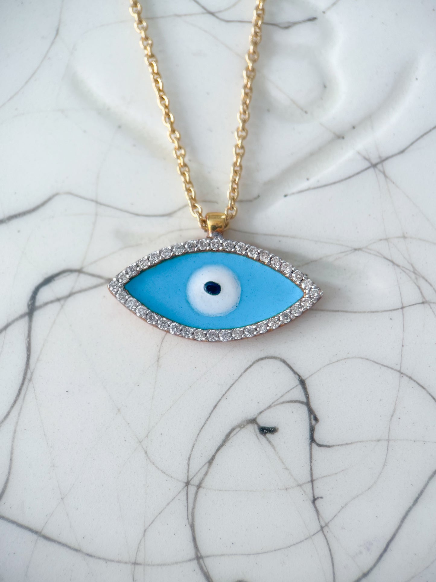 Natural Diamond Evil Eye 18k Yellow Gold Charm with Chain