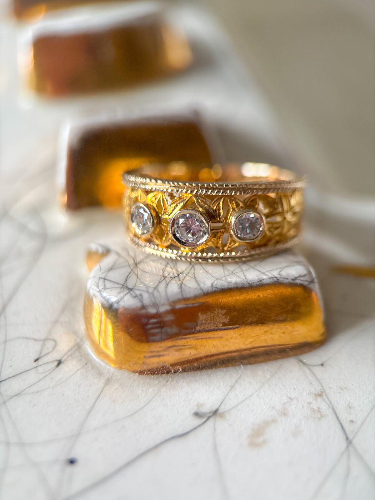 Vintage Natural Diamond Three Stone 18k White and Yellow Gold Two Toned Band