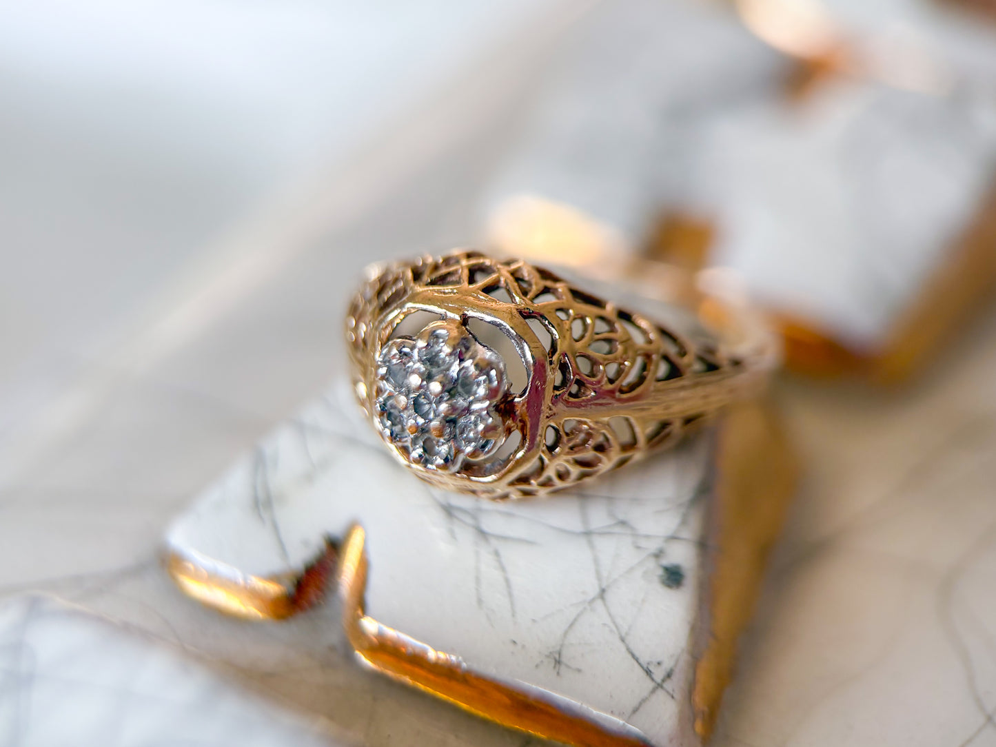Vintage Natural Diamond 14k Yellow Gold Filigree Pinky Ring