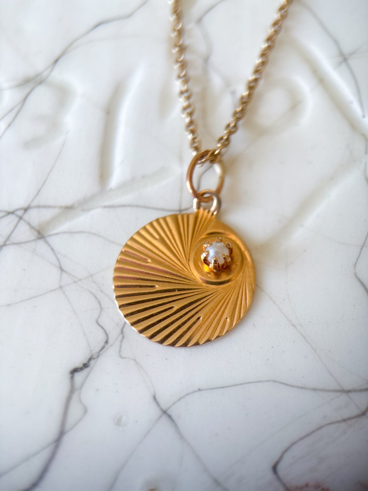 Vintage Engine Turned Circle 14k Yellow Gold Charm with Pearl