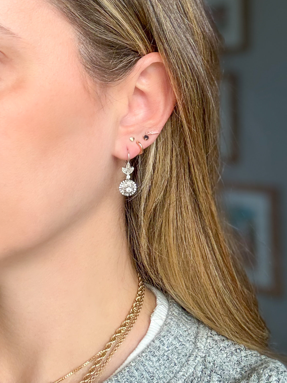 Vintage 18k White Gold Dangle Earrings with CZs