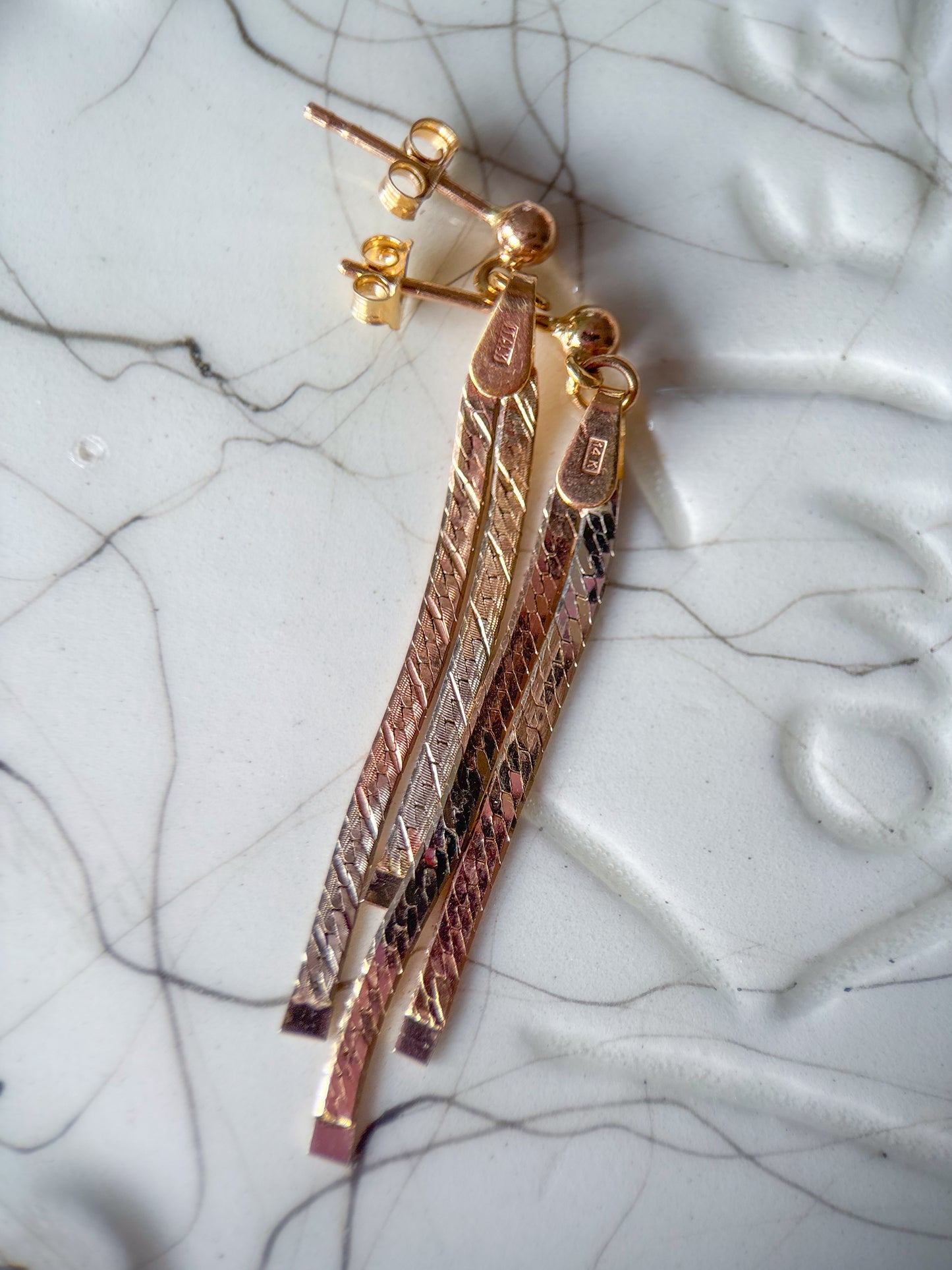 Vintage Dangle 14k White, Rose, Yellow Tri Colored Gold Earrings