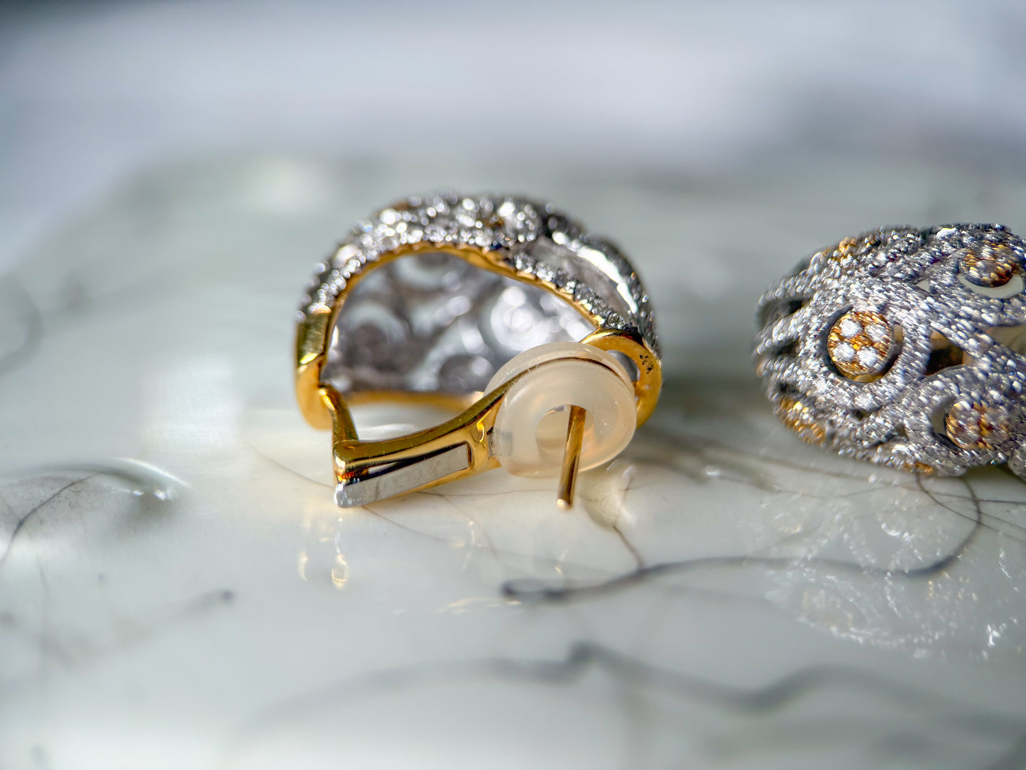 Natural Diamond Puffy Hoop 14k Yellow and White Gold Earrings