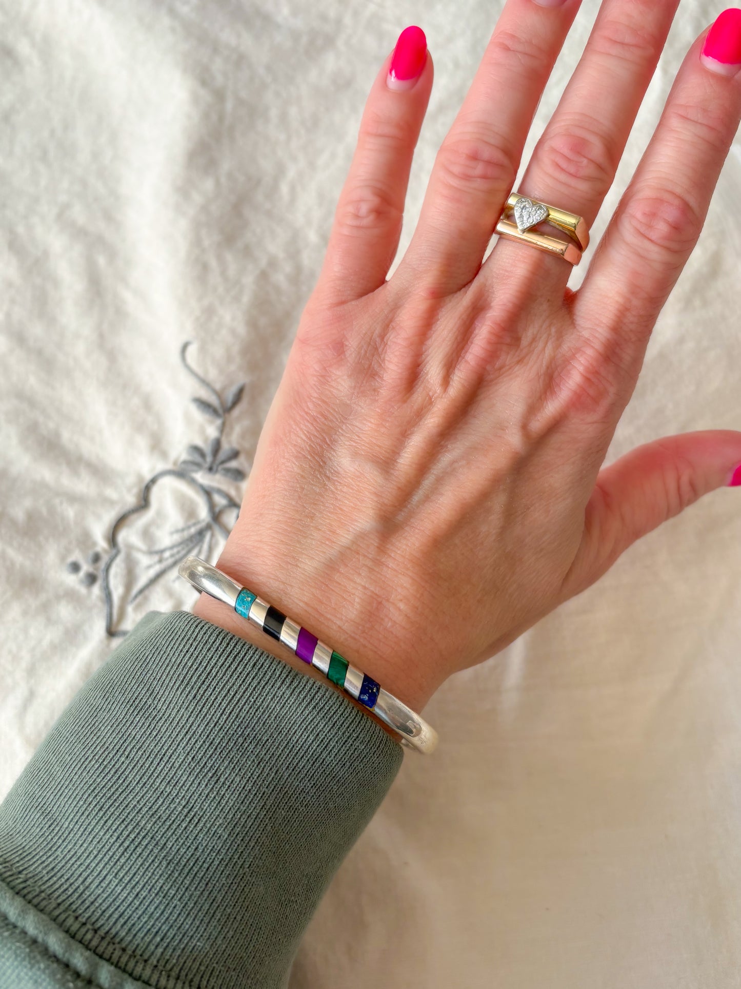 Vintage Taxco Sterling Silver Oval Bangle with Multicolored Gemstone Inlay, circa 1970s